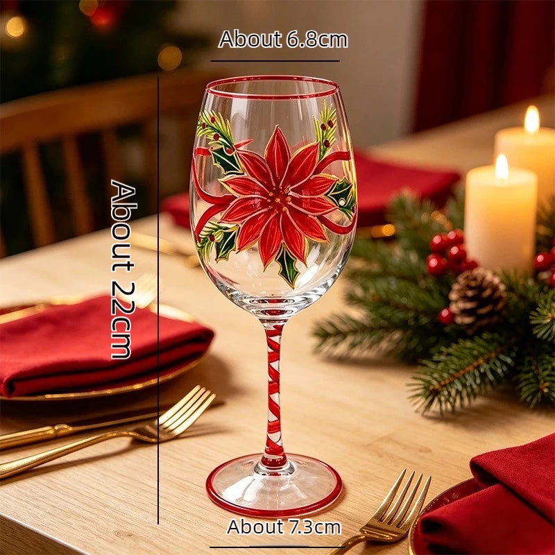 1PC Christmas Hand Painted Wine Glass Creative Snowman Poinsettia Goblet Household Glass Red Wine Cup Festive Decorations
