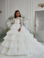 Customized White Flower Girl Dresses Tulle Tiered Flory with Tailing Long Sleeve for Wedding Birthday Party First Communion Gown