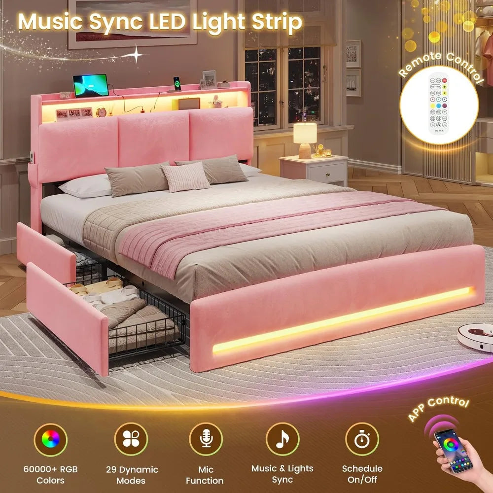 USA Stock Queen Size Bed Frame with Storage Headboard 4 Drawers USB Type C Charging Station LED Lights Velvet Upholstered