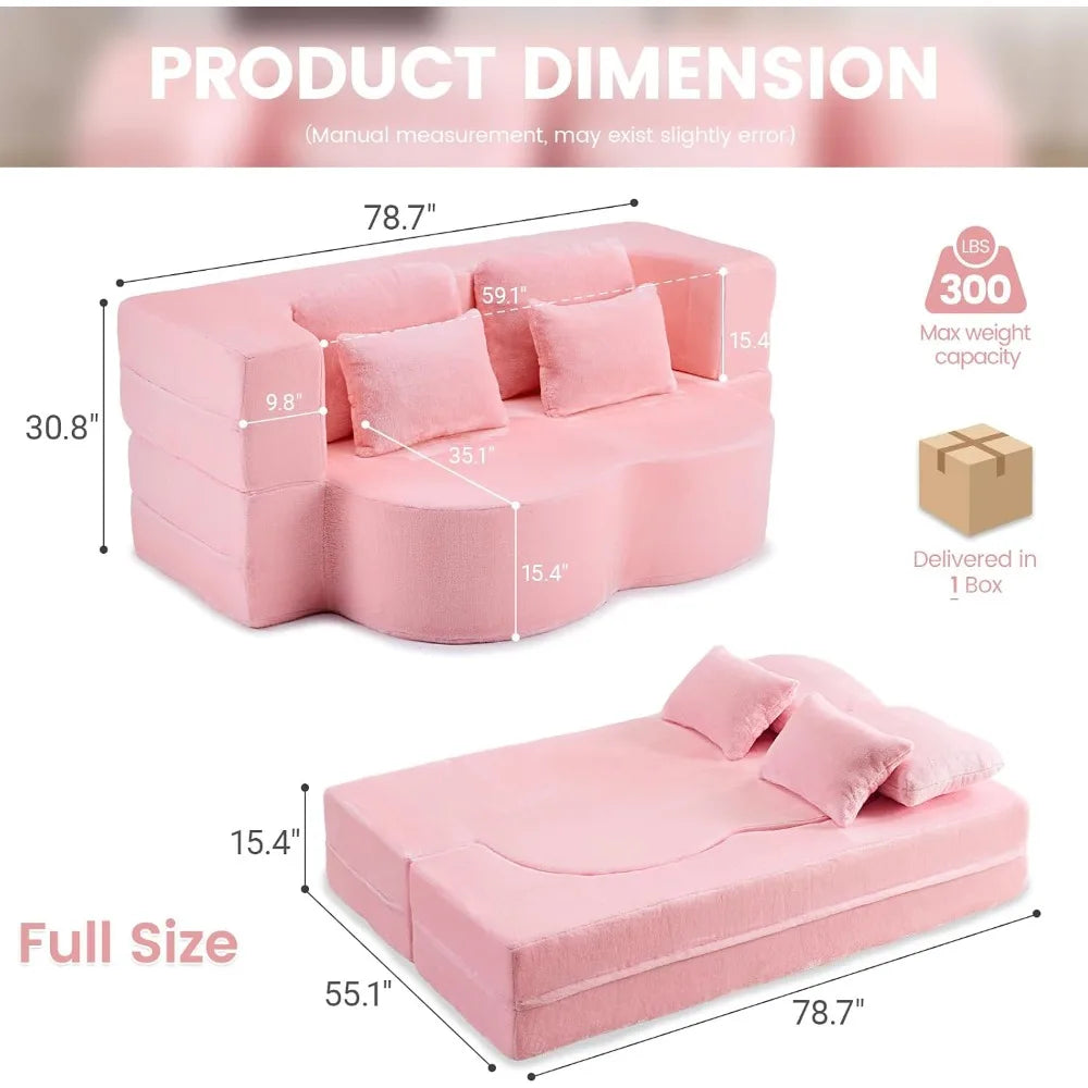 78" Convertible Sofa Bed, Full Size Sleeper Couch, Pink