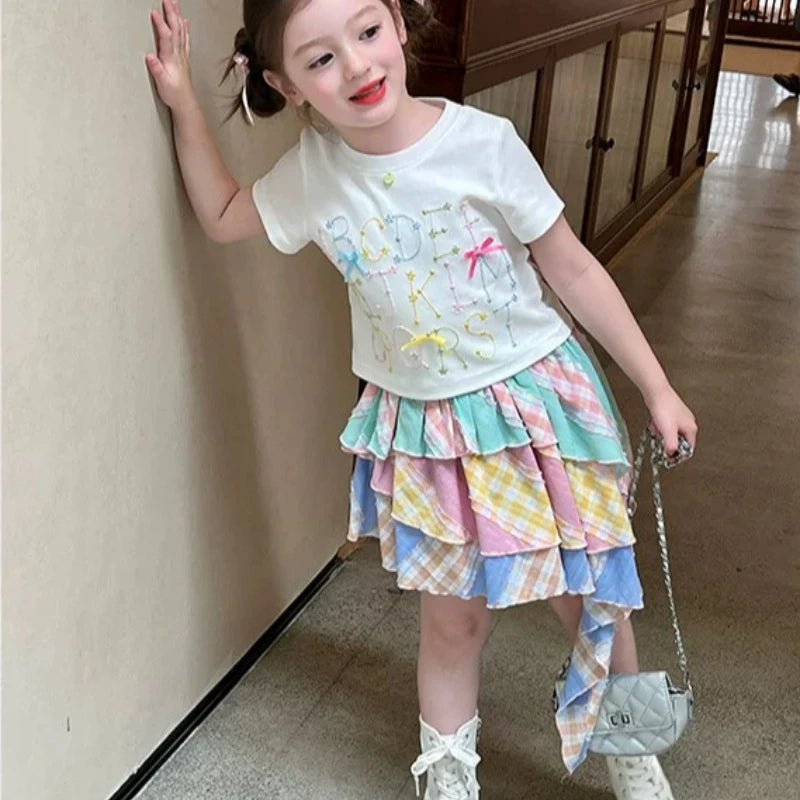 Sweet Two-piece Set for Girls 2026 Summer New Design Multi-color Striped T-shirt and Irregular Skirt