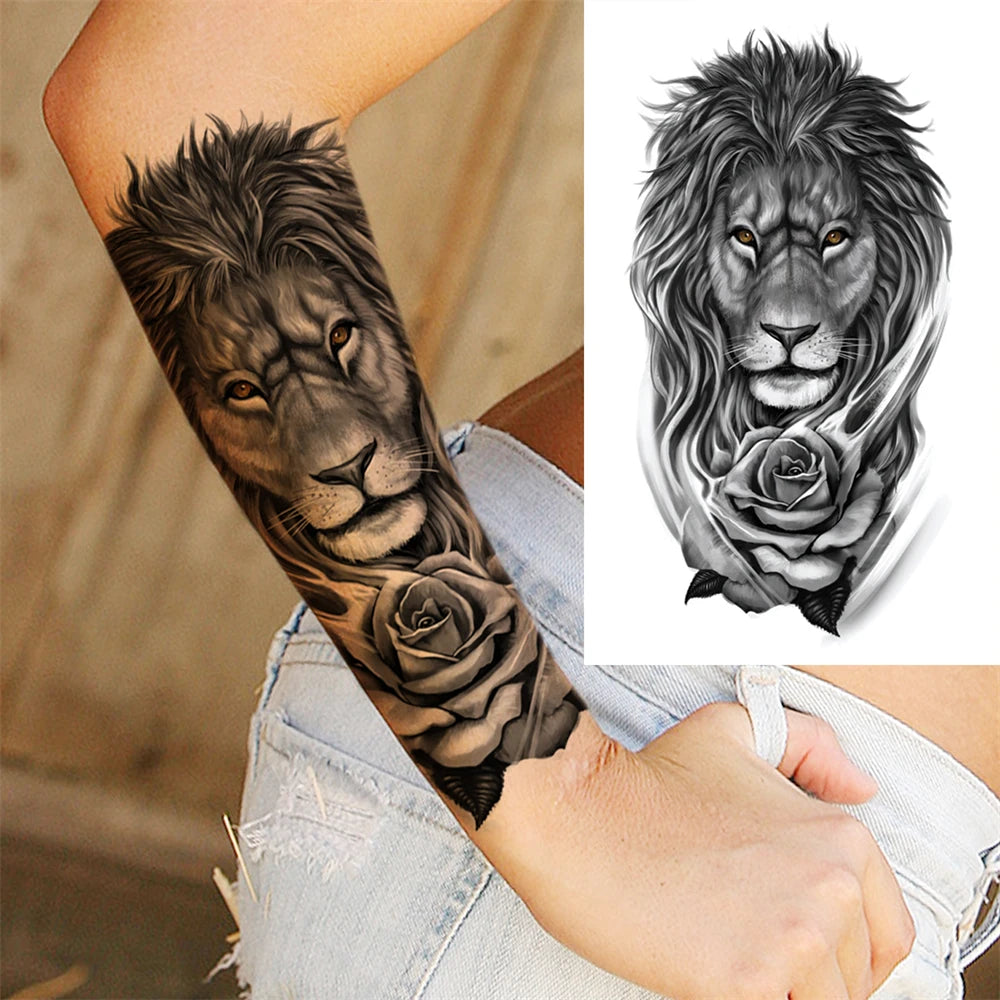 1pc Lion Men Waterproof Temporary Tattoos Fake Stickers Arm Hand Cool Art Black Transfer Clock Tattoo Stickers Wolf Tiger Tattoo