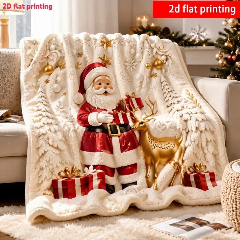 Santa Reindeer Christmas Blanket, 2D Flat Print Flannel Throw for Holiday Home Decoration