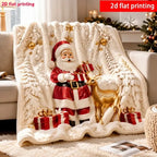 Santa Reindeer Christmas Blanket, 2D Flat Print Flannel Throw for Holiday Home Decoration