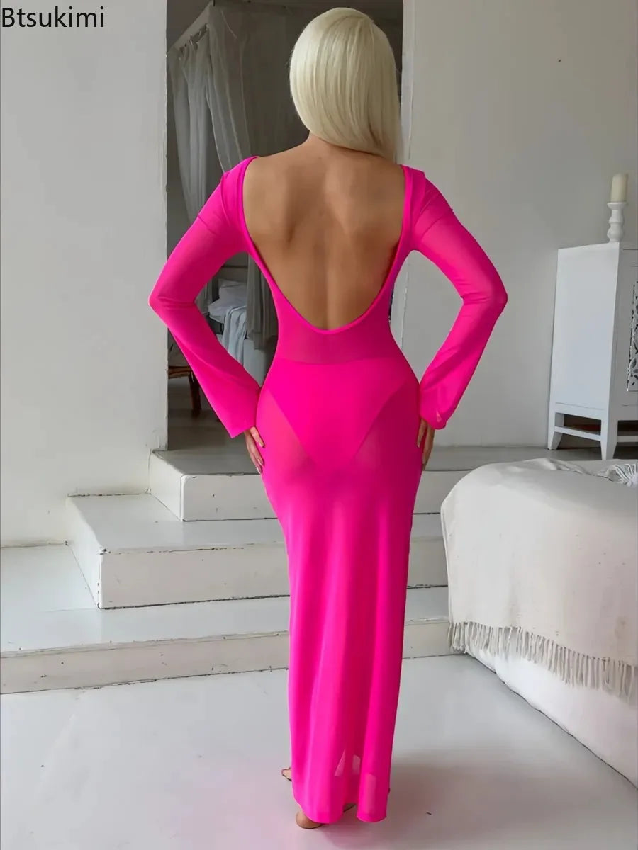 New Women's Mesh See-Through Dress Sexy Slim Backless Long Sleeve Floor-Length Dresses Beach Swimsuit Cover Ups Bikini 3pcs Sets