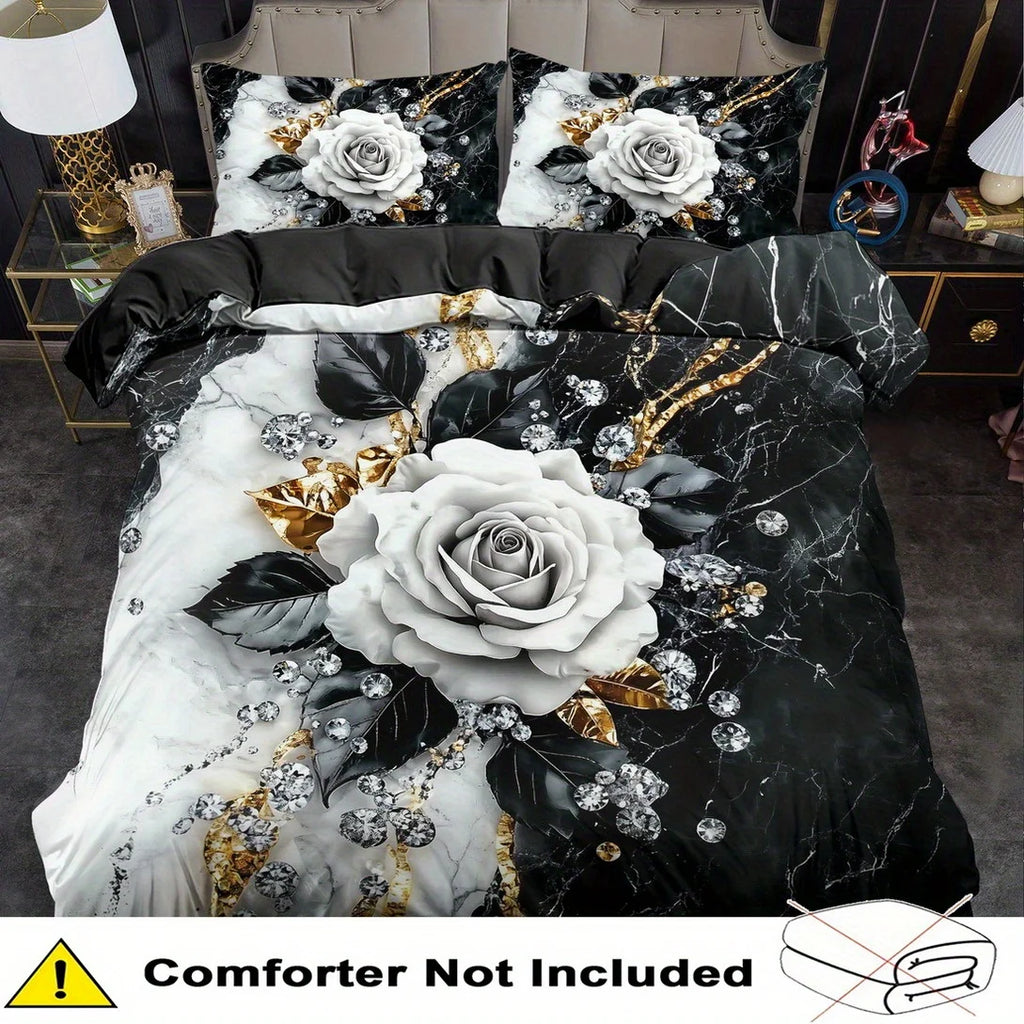 White Rose Black Marble Bedding Set Luxury 3D Print Duvet Cover Pillowcase Anti-Slip Durable For Bedroom Decor
