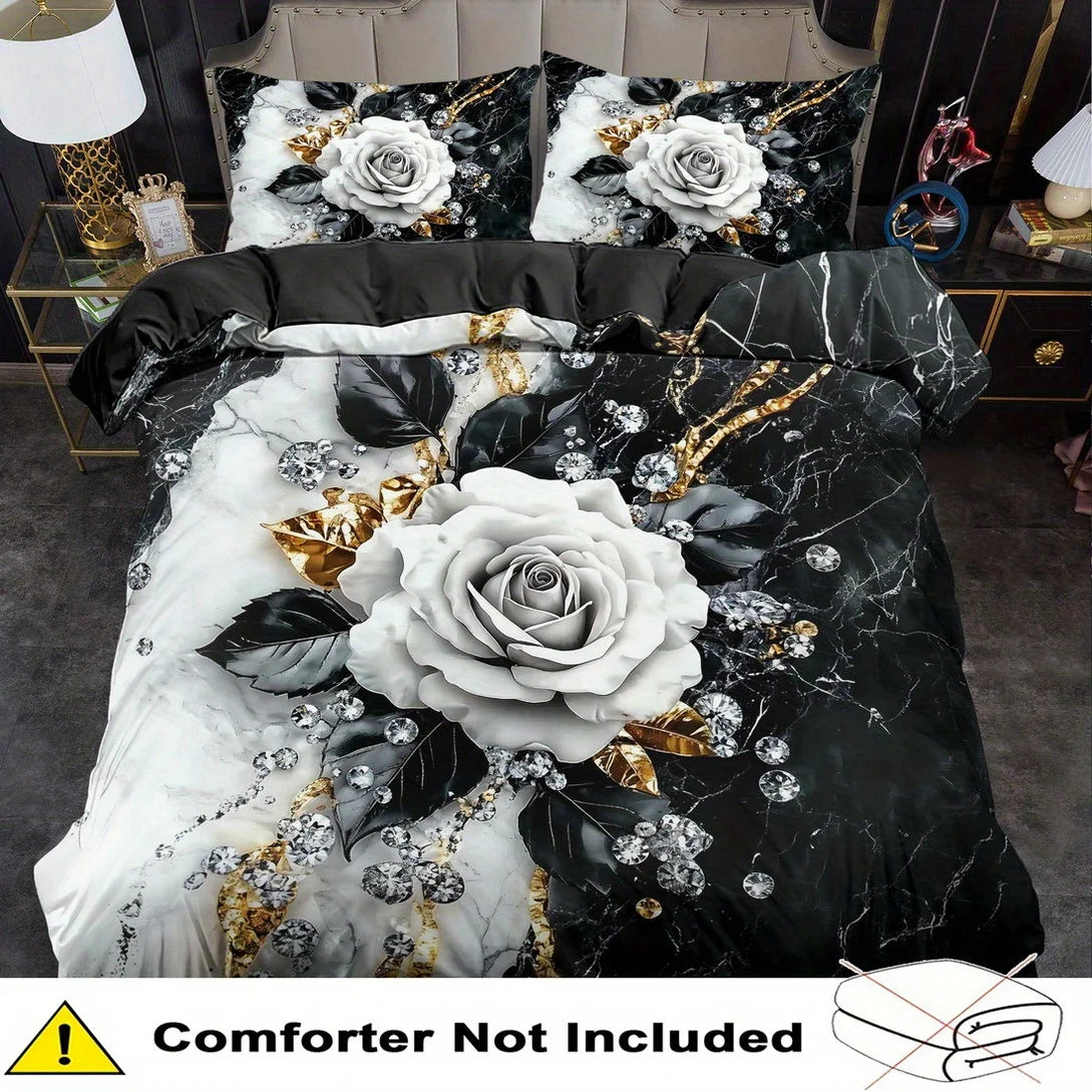 White Rose Black Marble Bedding Set Luxury 3D Print Duvet Cover Pillowcase Anti-Slip Durable For Bedroom Decor