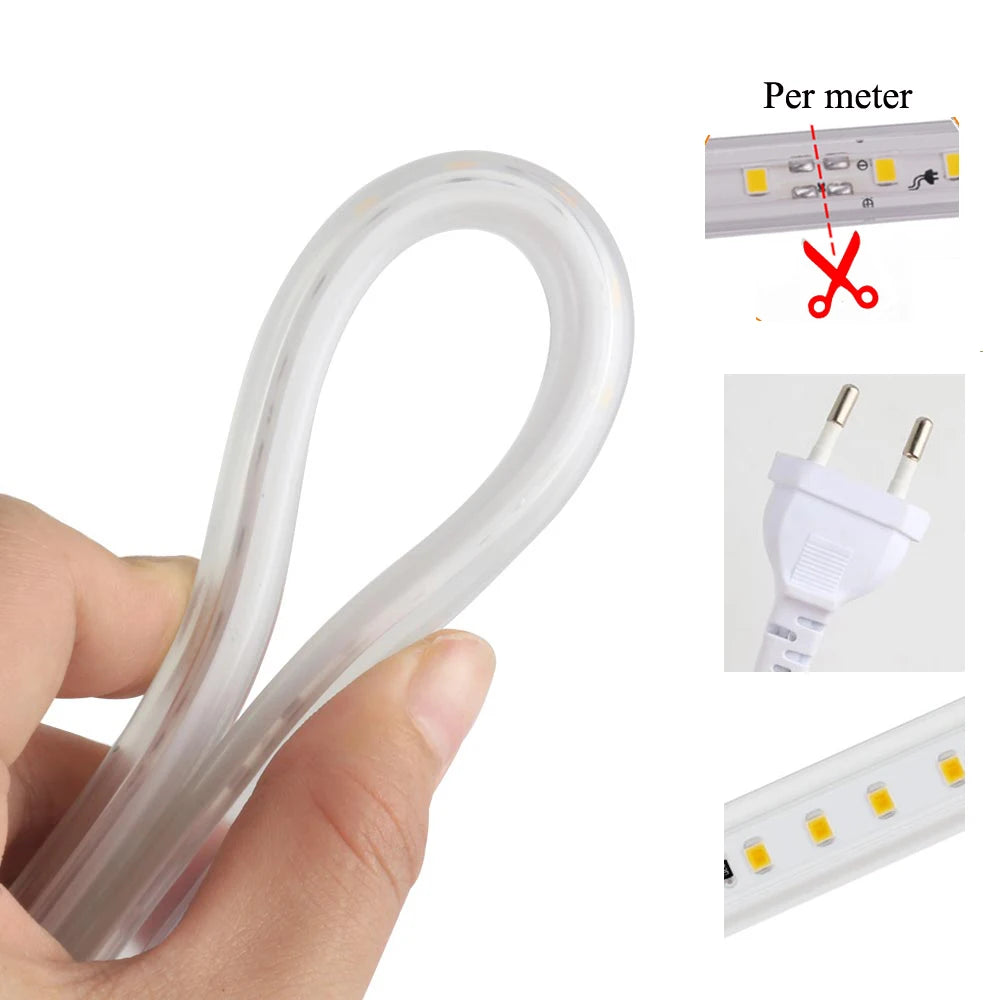 LED Strips Light 220V SMD2835 IP67 Waterproof Flexible Rope Lamp 120Leds/M High Brightness Outdoor Indoor Tape Decor EU Plug
