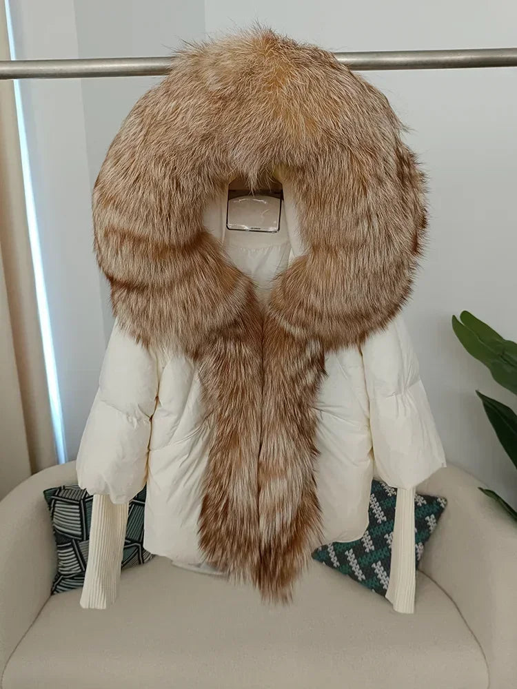 2024 Winter Puffer Jacket Women Real Fox Fur Collar Hooded Natural Thick Warm Loose Oversize Duck Down Coat Streetwear Outerwear