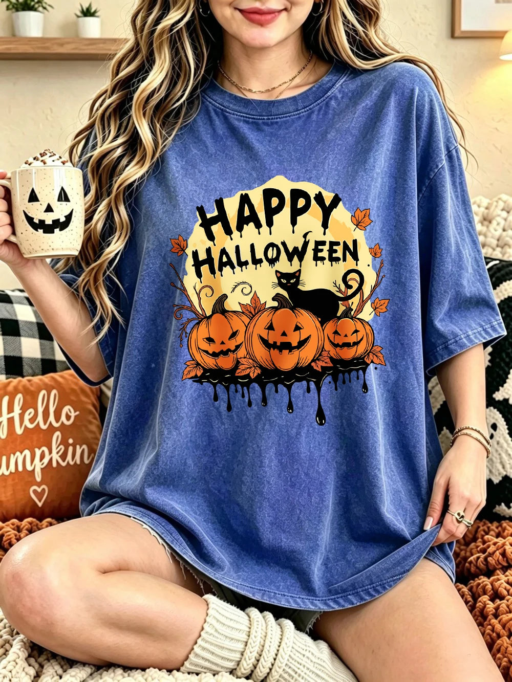 Happy Halloween Pumpkins Printed Washed T-Shirts Womens Cotton Short Sleeve Tops Casual O-Neck Oversized T Shirt Summer Clothes