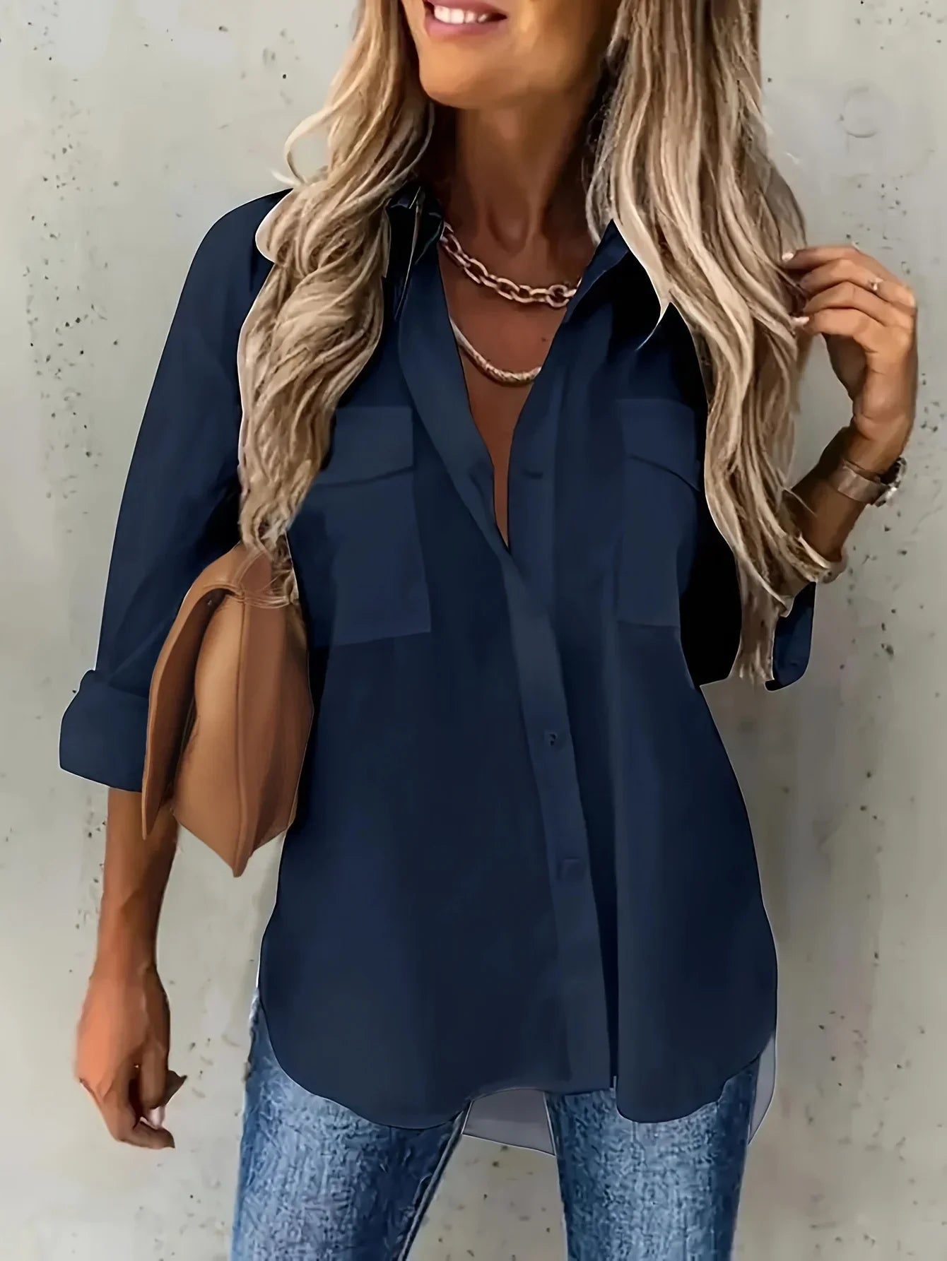 Plus Size 1XL-5XL Women Casual Loose and Simple Long Sleeved Shirt Fashion Solid Color Lapel Shirt Pocket Decoration Shirt