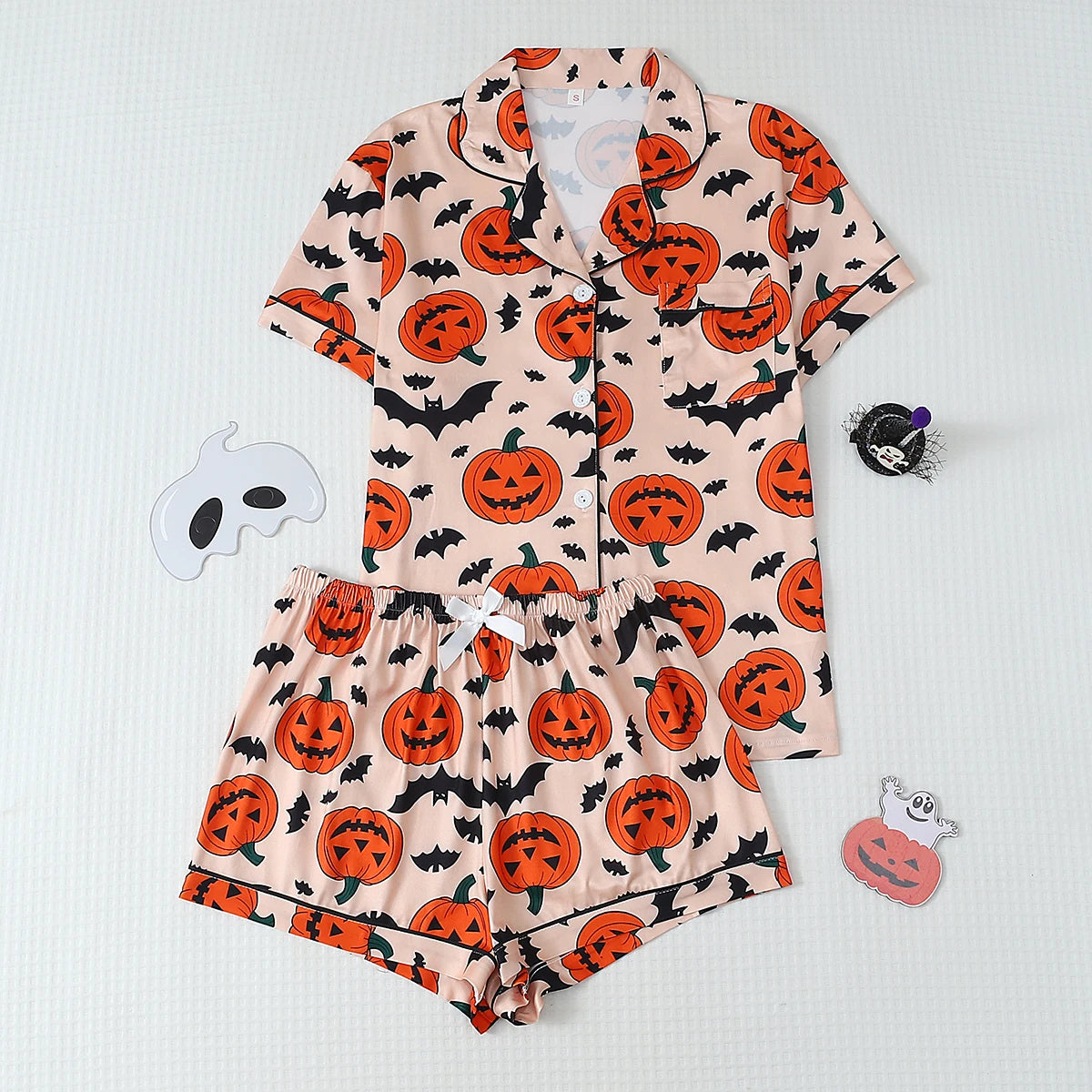 2-Piece Set of Quirky and Fun Apricot-Colored Halloween Pumpkin Print Spring/Summer Short-Sleeve Collared Top and Bow Shorts Women's Pajama Set Loungewear Suitable for Halloween