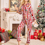 Meet'r New Year Christmas Long Sleeved Long Pants Home Clothes Underwear Striped Print Pajamas Ladies' Comfortable Pajamas