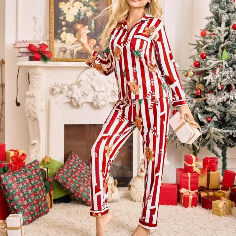 Meet'r New Year Christmas Long Sleeved Long Pants Home Clothes Underwear Striped Print Pajamas Ladies' Comfortable Pajamas