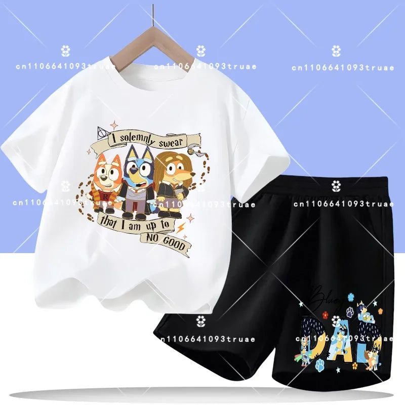 2026 summer T-shirt, 2-piece set Bluey children's 100% cotton short-sleeved set for boys - boys' sports shirt, girls' casual top