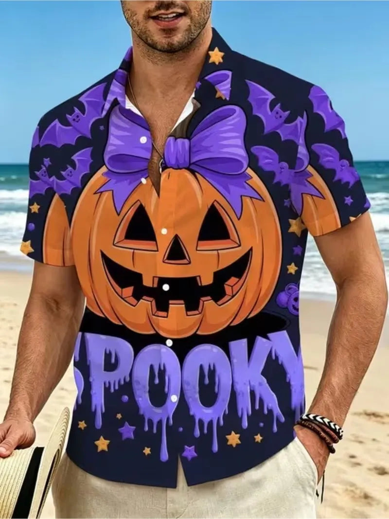 Men Halloween Headless Horseman Print Aloha Shirt Short Sleeve Button Down Spooky Pumpkin Horse Graphic Hawaiian Shirts Tops