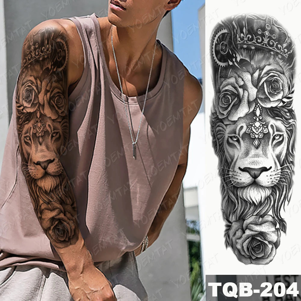 Large Arm Sleeve Tattoo Gun Rose Lion Waterproof Temporary Tattoo Sticker Clock Flower Waist Leg Body Art Full Fake Tatoo Women