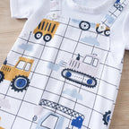 IURNXB Baby Romper Infant's Engineering Car Print Faux Two-piece Bodysuit Casual Short Sleeve Onesie Newborn Clothing 0-18M