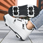 Kids Roller Skate Shoes 4 Wheels Hook Loop Strap Deformation Sneakers Breathable Outdoor Skating Shoes Boys Girls Size 29-40