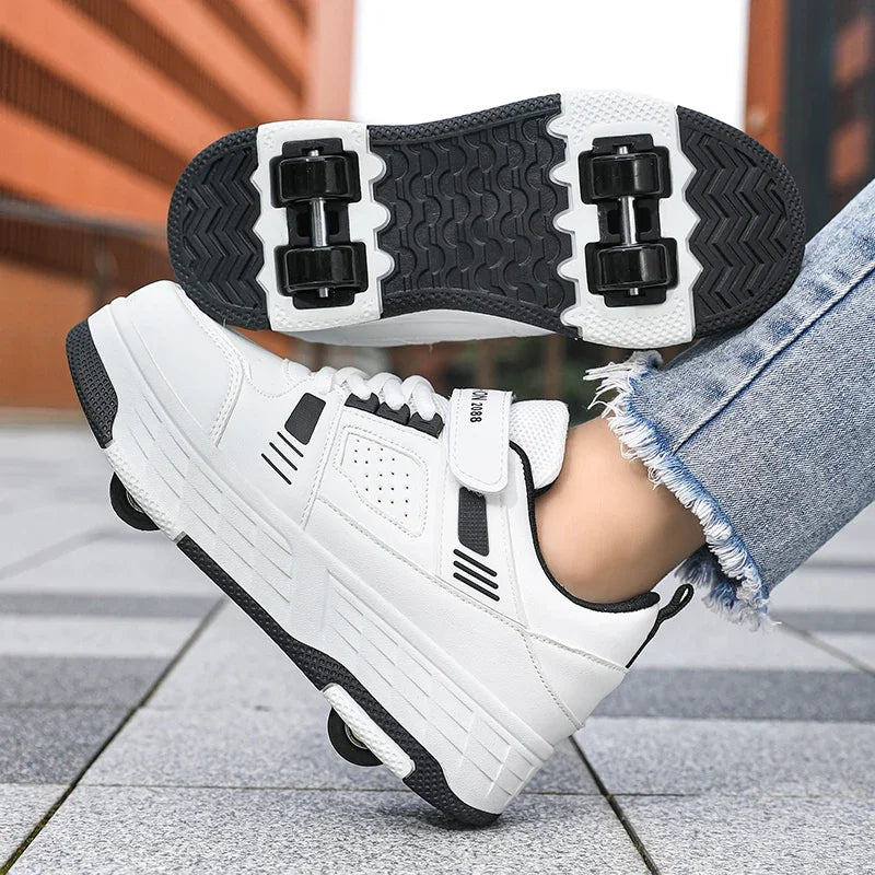 Kids Roller Skate Shoes 4 Wheels Hook Loop Strap Deformation Sneakers Breathable Outdoor Skating Shoes Boys Girls Size 29-40