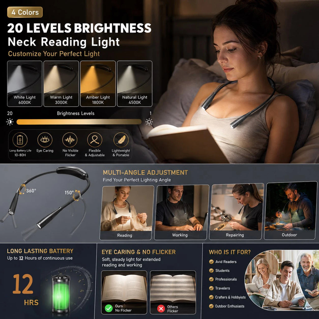 LED Neck Reading Lights Rechargeable Neck Light for Reading Lamp 4 Colors 20 Brightness Flexible Arm Neck Light Read Book Lamps