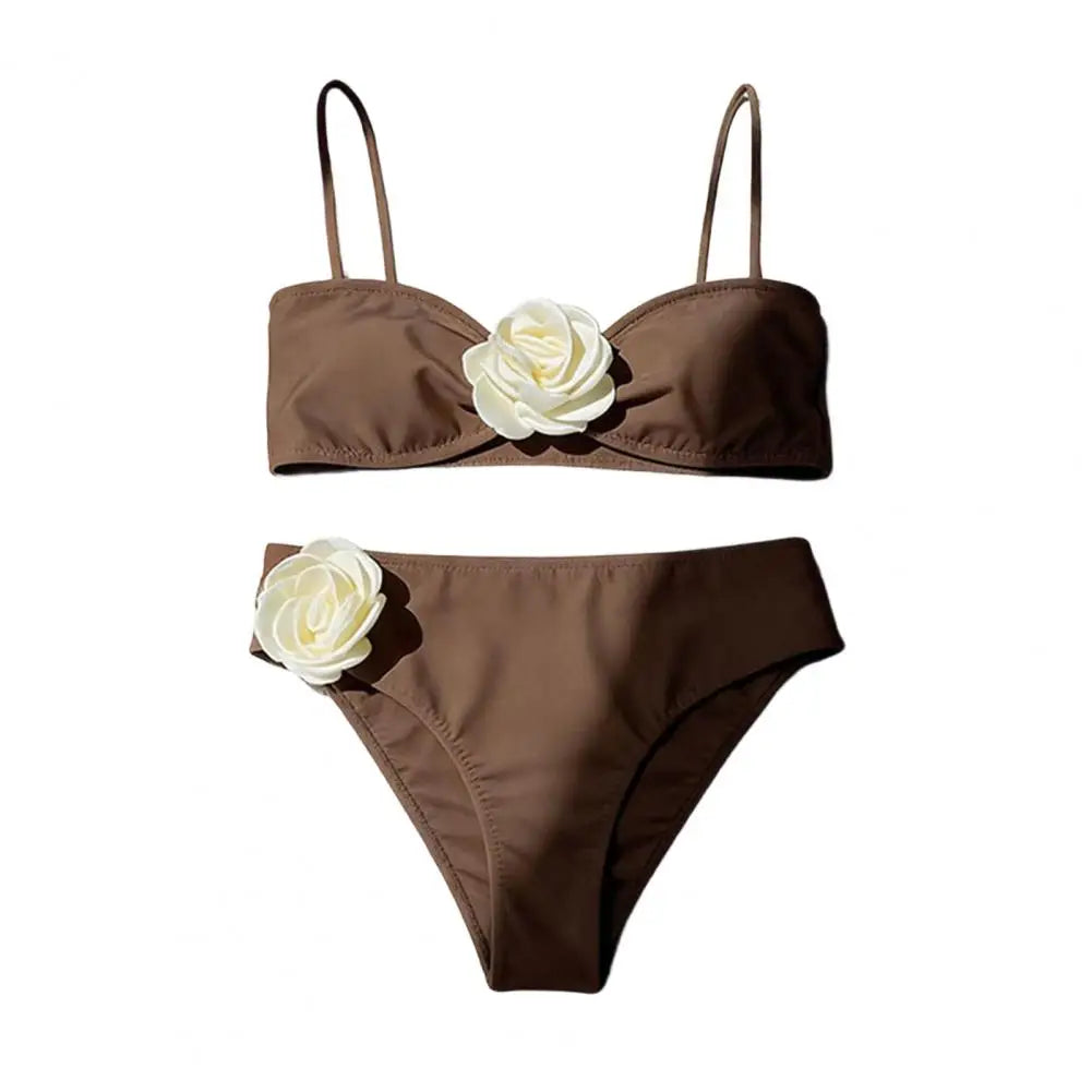 New Women Bikini Set 3D Flower Decor Adjustable Straps Tube Top Bikini Bra High Waist Swimming Trunks Set Sexy Beach Swimwear