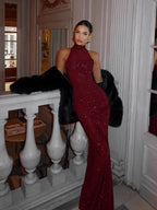 2026 Women's Elegant Shiny Red Sleeveless Long Dress Sexy Slim Bodycon Sequin Maxi Gown for Party Fashion Solid Color Robe