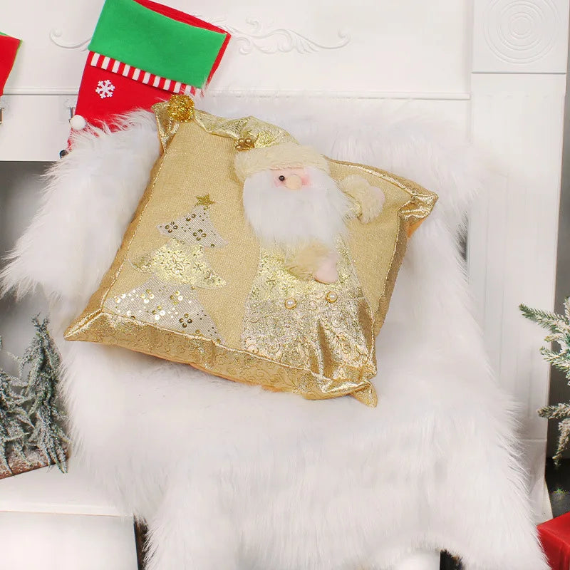 Christmas Gold Embroidered Cushion Cover Snowman Elk Santa Claus Three-dimensional Embroidered Pillowcase Holiday Home Decor