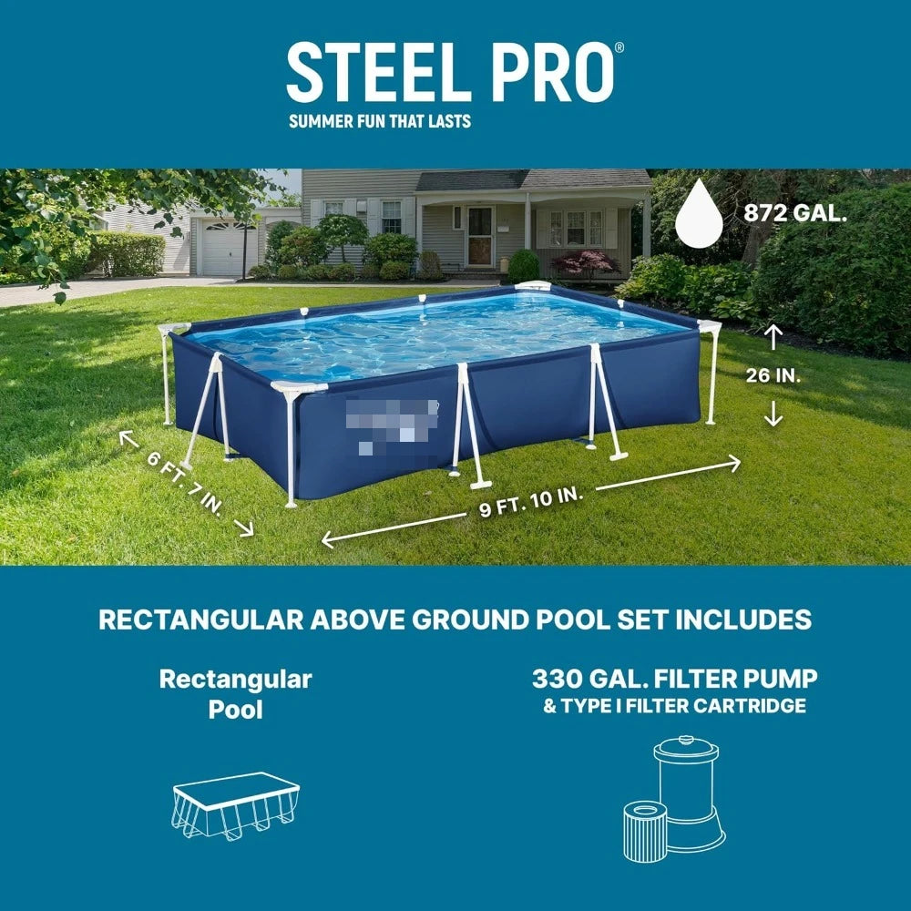US Shipping Above Ground Swimming Pool 9.8ft x 6.6ft x 26in Rectangular Metal Frame Set with Filter Pump & Cartridge