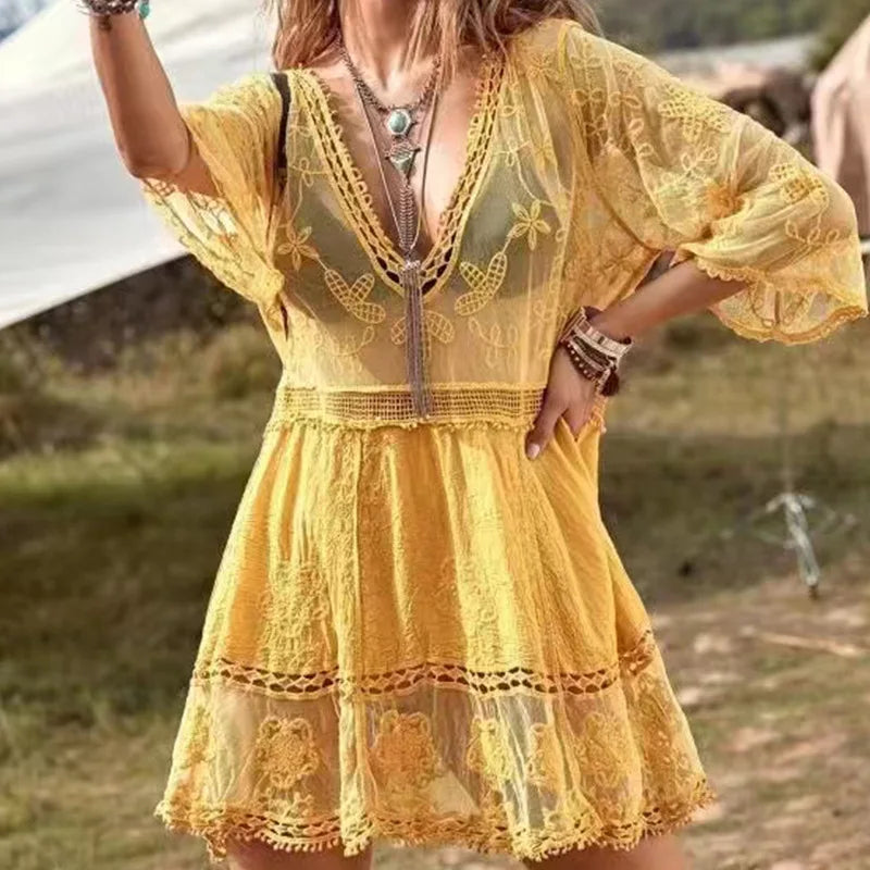 Women's Mesh Bikini Cover-up Deep V-neck Sexy Swimsuit Set Summer Loose Beach Short Sleeve Lace Hollow Out Dress