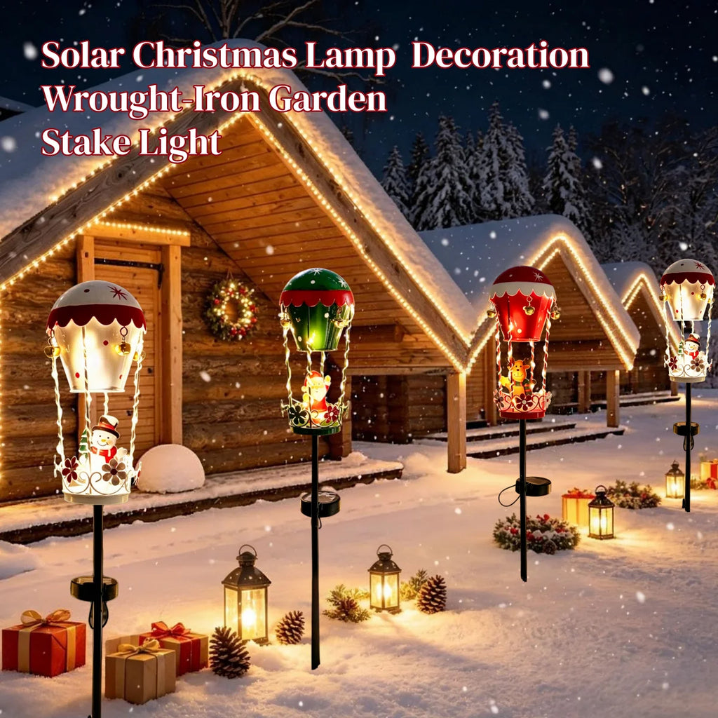 Outdoor Garden Solar Stake Light, Garden Iron Christmas Statue Light, Garden Solar Christmas Iron Santa Claus Sitting on a Hot Air balloon with Bells and Lights Inserted, for Yard Pathway Christmas Home Decor