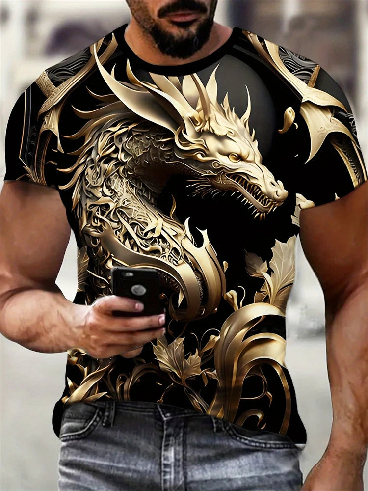 2025 New Men's 3D Dragon Print T-shirt Casual Short-sleeved Pullover Polyester Round-neck Summer Outdoor Clothing Adult Size