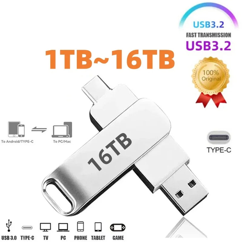 16TB Flash Drive Usb 3.2 Super High Speed Metal Transfer U Disk Pen Drive Waterproof Type C Disk SSD USB Drive Disk
