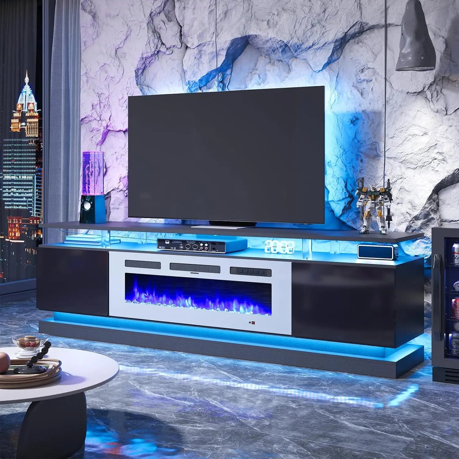 70 inch Modern TV Stand with Electric Fireplace for TVs up to 80 inches White Living Room Media Console Entertainment Center