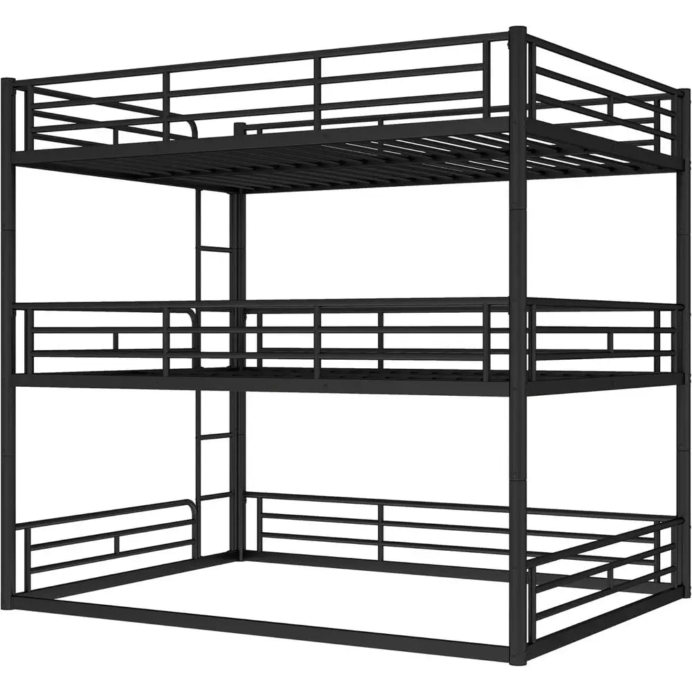 Triple Bunk Beds with Full-Length Guardrails, Queen Over Queen Over Queen, Noise-Reduced, Metal Frame in Black