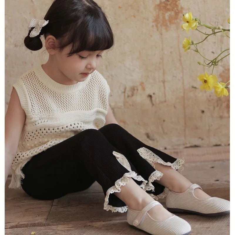 Little Girl's Flared Pants for Spring and Autumn New Fashionable Girls Clothing Korean Version Solid Color Lace Split Trousers