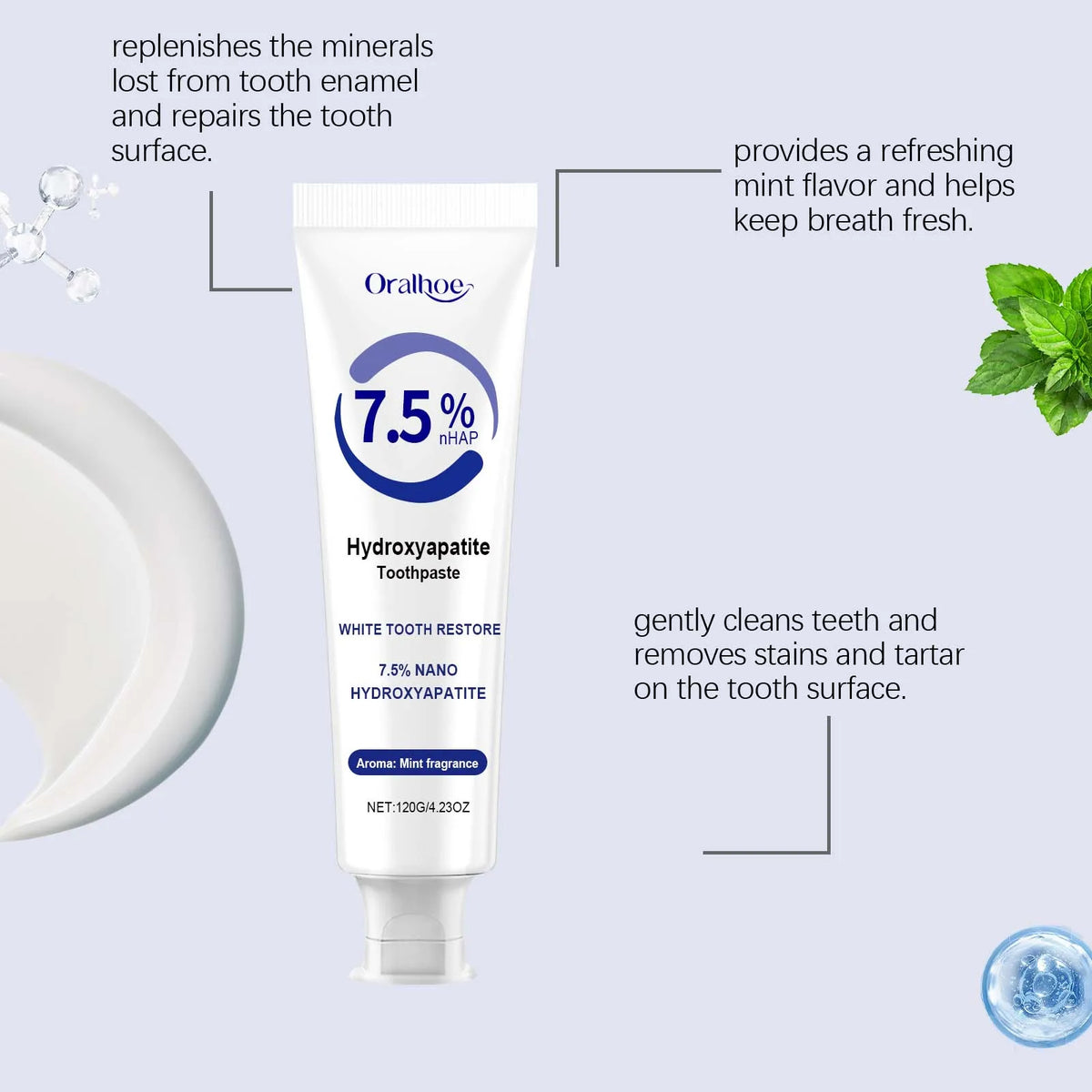 7.5% Hydroxyapatite Toothpaste for Enamel Protection, Formula with Gentle Mint, for Sensitive Teeth, Long-Lasting Fresh Breath