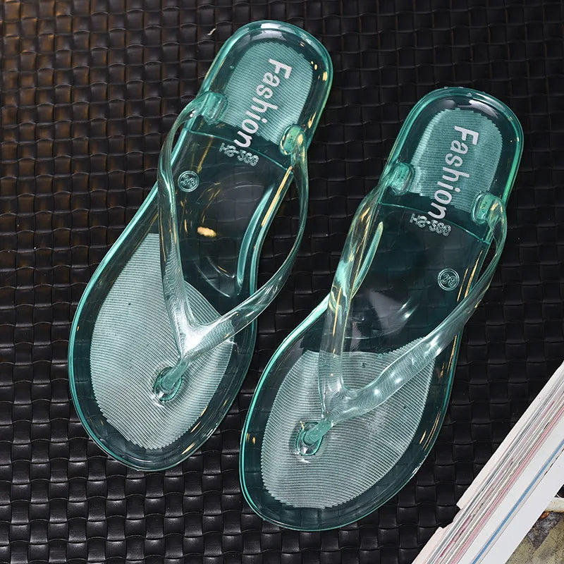 Fashion Transparent Jelly Crystal Flip Flops Female Flat Bottom Korean Version Summer Beach Leisure Casual Outdoor Sandals