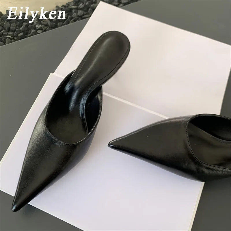 Eilyken New Fashion Mules Women Slippers Summer Pointed Toe Thin High Heels Shoes Concise Casual Vacation Female Sandals