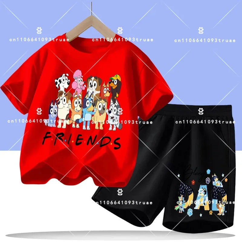 2026 summer T-shirt, 2-piece set Bluey children's 100% cotton short-sleeved set for boys - boys' sports shirt, girls' casual top