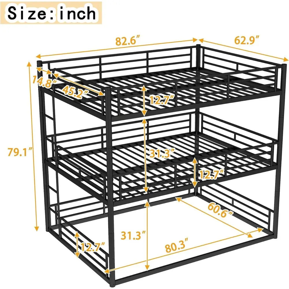 Triple Bunk Beds with Full-Length Guardrails, Queen Over Queen Over Queen, Noise-Reduced, Metal Frame in Black