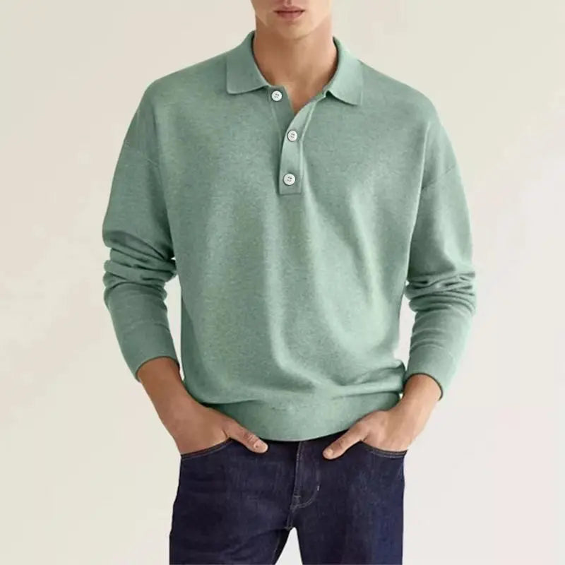 Men Long Sleeve Polo Shirt V Neck Button Up Casual Autumn Basic Solid Color Knitwear Tops For Men