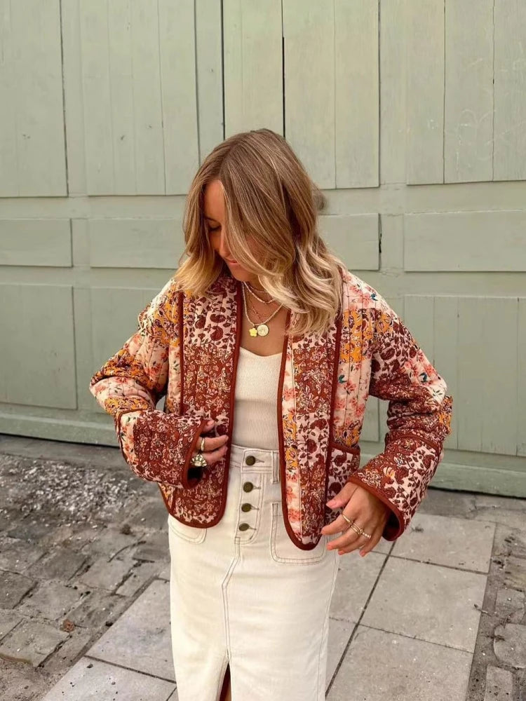 2025 New Autumn Vintage Print Patchwork Cotton Woman Coats Casual Loose Full Sleeve Short Jackets Winter Female Outerwear