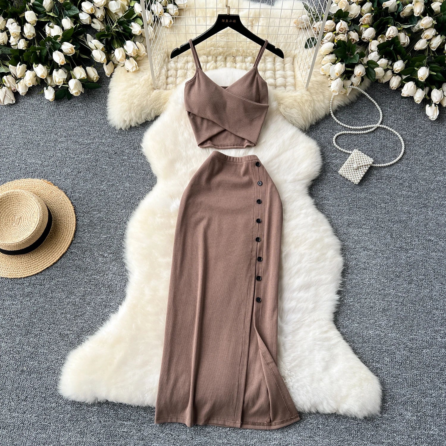 Foamlina Summer Sexy 2 Pieces Set for Women Solid V Neck Sleeveless Crop Camis Top and High Elastic Waist Split Long Skirt Suits