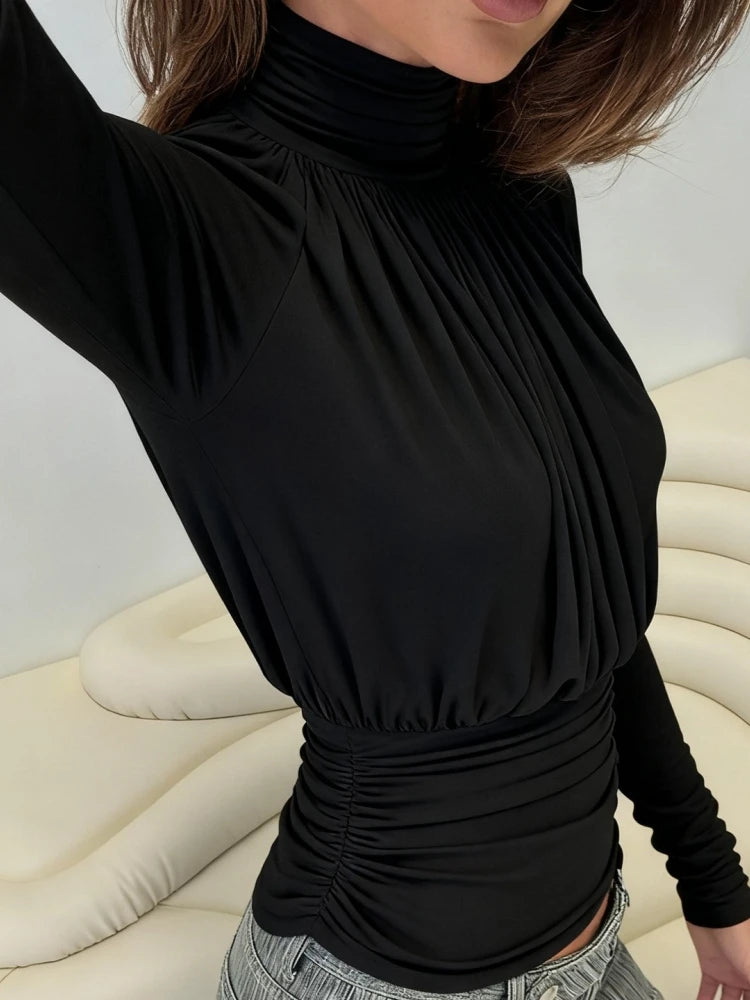 Solid Black T-Shirts for Women Elegant Clothes Turtleneck Camisetas Lady Tops Long Sleeve Ropa De Mujer Shirring Feminist Shirt