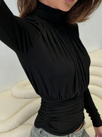Solid Black T Shirts For Women Elegant Clothes Turtleneck Camisetas Lady Tops Long Sleeve Ropa De Mujer Shirring Feminist Shirt