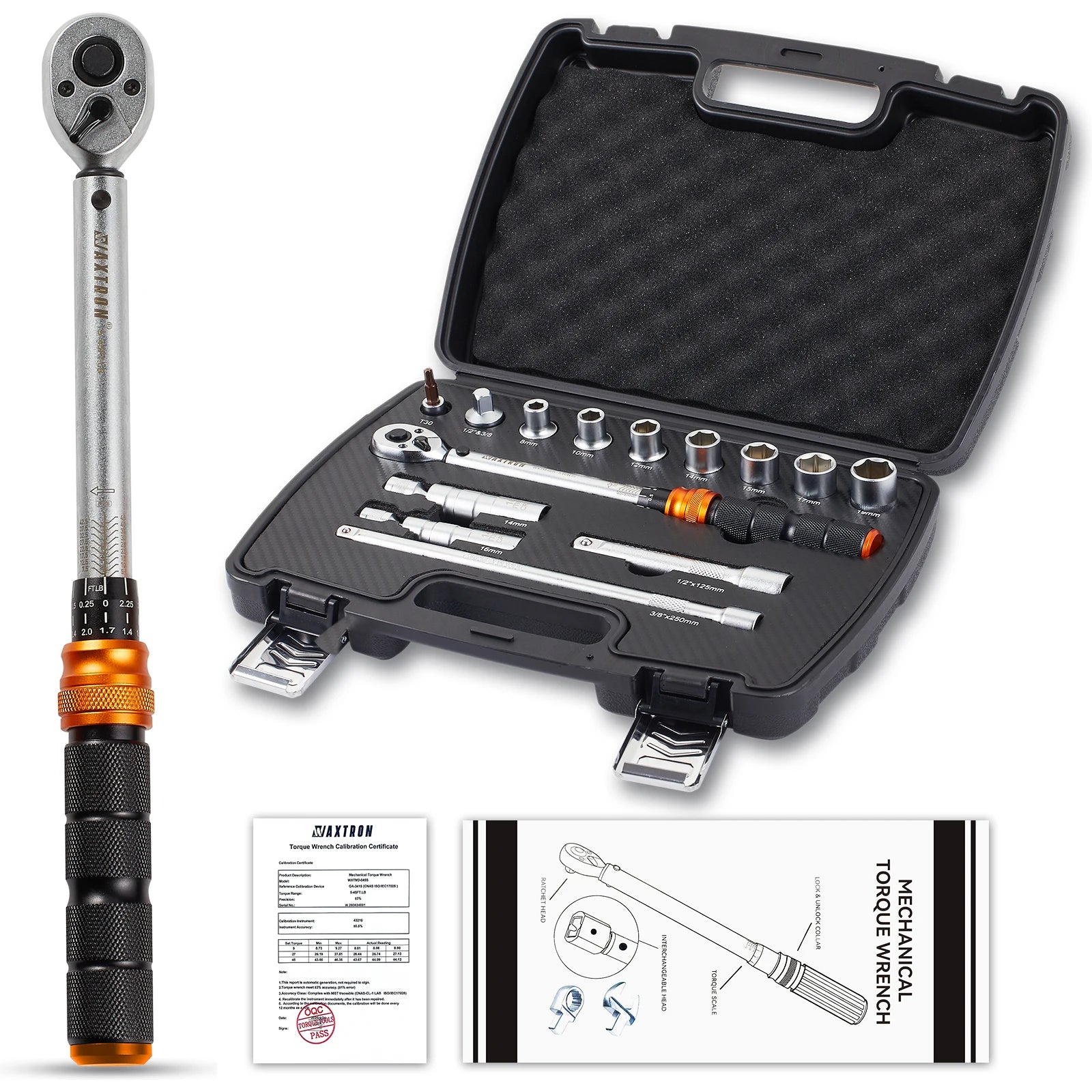 Waxtron 1/2'' Torque wrench 5-45ft.lb Bicycle Professional Torque Wrench Adjustable Set 14PCS For Bike Motorcycle Hand Tools