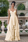 Mint Green Chiffon A-line Bridesmaid Dresses V-neck Bow Spaghetti Straps Layered Ruffle Evening Gown Elegant Wedding Party Dress