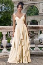 Mint Green Chiffon A-line Bridesmaid Dresses V-neck Bow Spaghetti Straps Layered Ruffle Evening Gown Elegant Wedding Party Dress