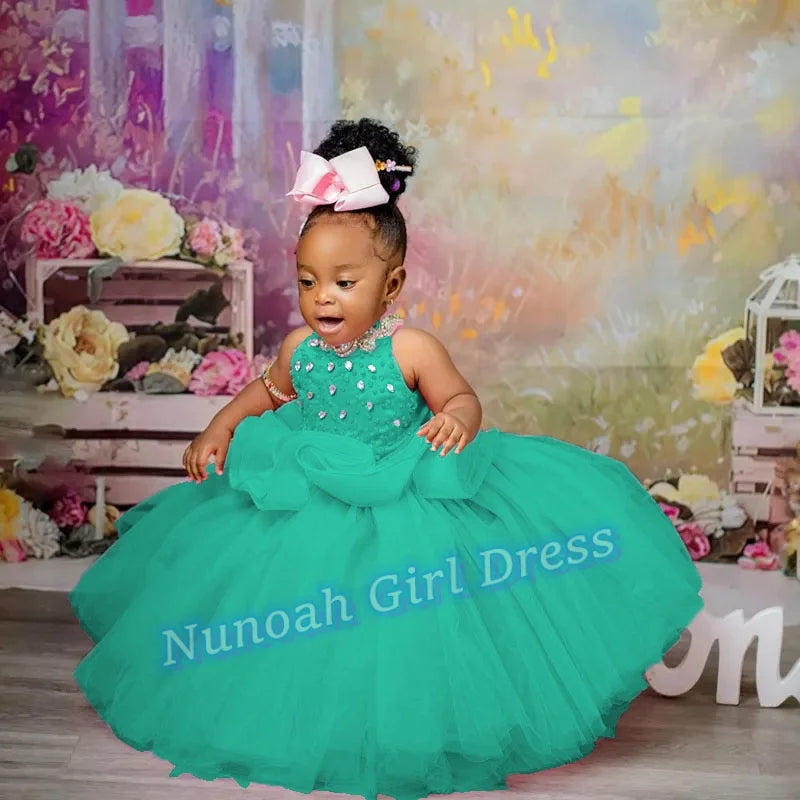 Pink Flower Girl Dresses for Wedding Crystal Sleeveless Sequins Girl Kids Birthday Party First Holy Communion Gowns Customized